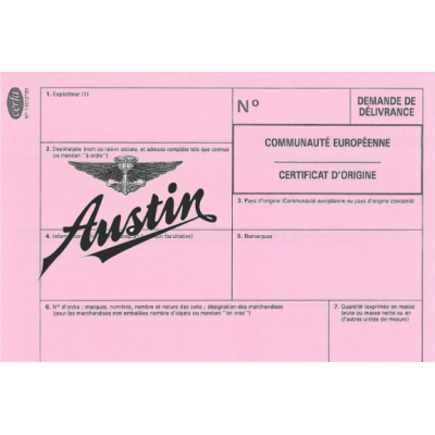 Certificado de conformidade do carro europeu Austin