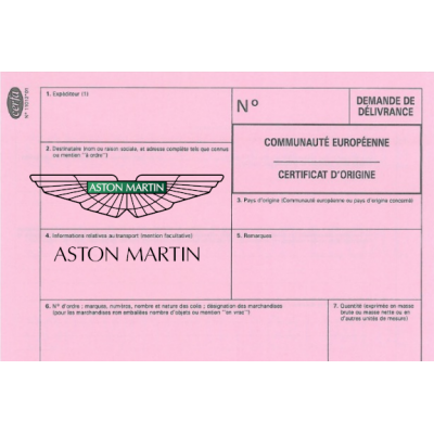 Certificat de conformité Européen pour voiture ASTON MARTIN
