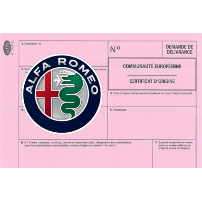 Certificado europeo de cumplimiento para el coche Alfa Romeo.