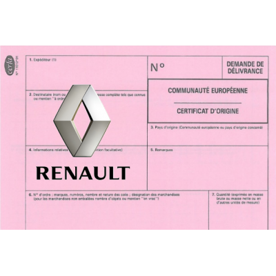Certificat de conformité Européen pour voiture RENAULT