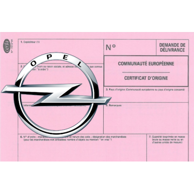 Certificado europeo de cumplimiento para comercial de Opel.