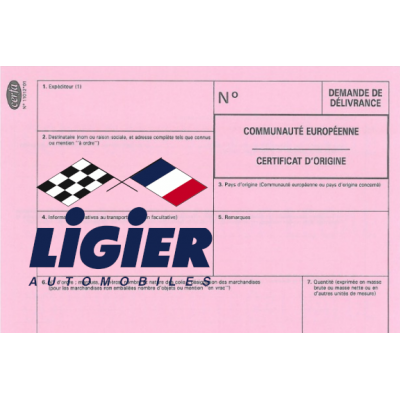 Certificado europeo de cumplimiento para el coche de Ligier.