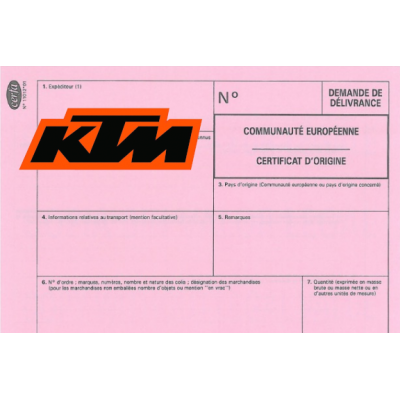 Certificado europeo de cumplimiento para dos ruedas KTM.