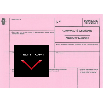 Certificado europeo de cumplimiento para el coche Venturi.