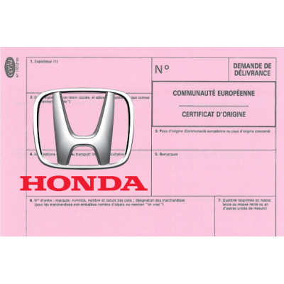 Certificado europeo de cumplimiento para comercial Honda.